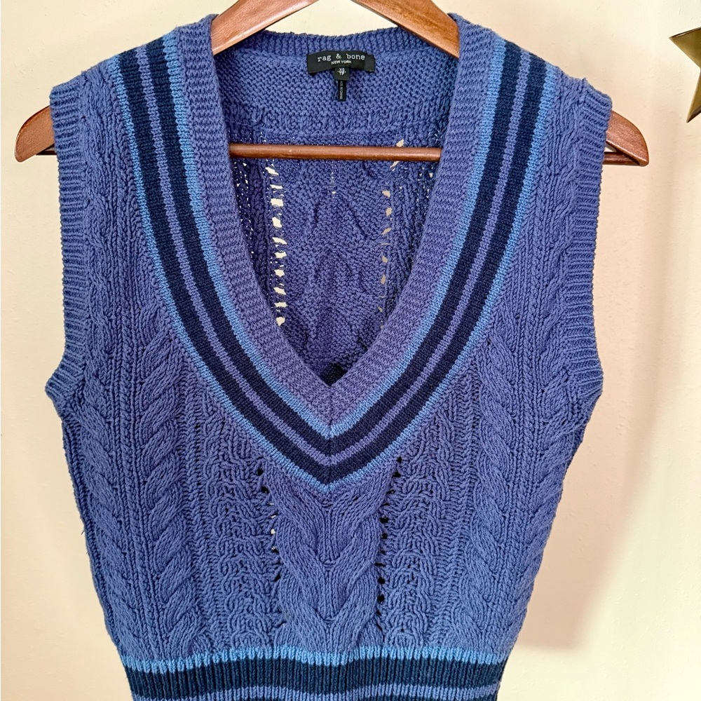 rag & bone Cable Knit Sweater Vest | Blue Contrast | XS | Preppy Academia - Picture 8 of 16